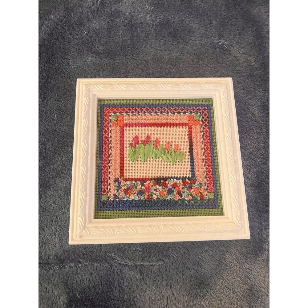 Finished Framed Cross Stitch Piece 4" x 4" Tulip Garden Farmhouse Cottage Core